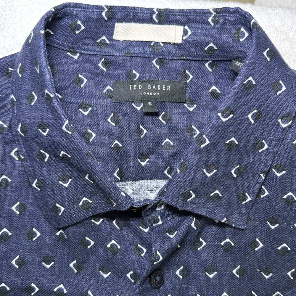 Men’s Ted Baker Shirt Size 6 Navy Arnel Geo Diamond‎ Print 100% Linen Button Up
